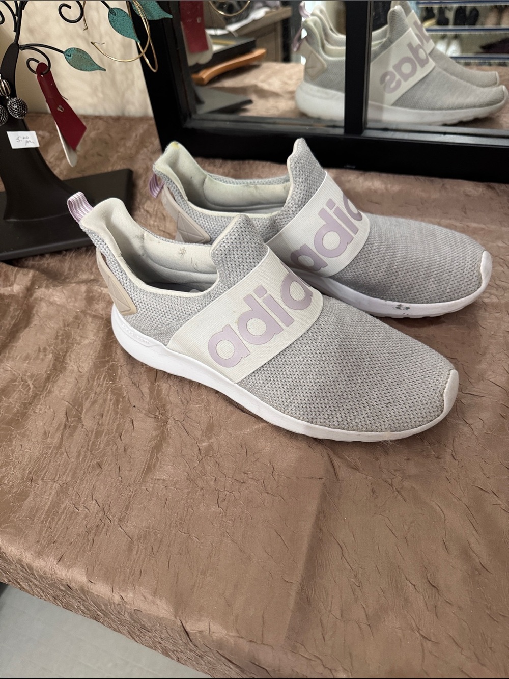 adidas Women’s Slip-On Athletic Shoes in Light Gray with Pale Pink Logo